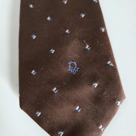 EUC Christian Dior Brown Tie with light blue, red, white accents - Picture 5 of 6